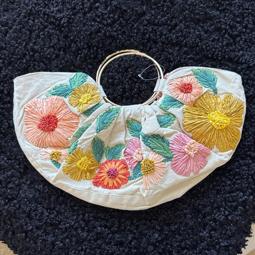 Anthropologie Floral Embroidered Clutch with Gold and Pink Accents